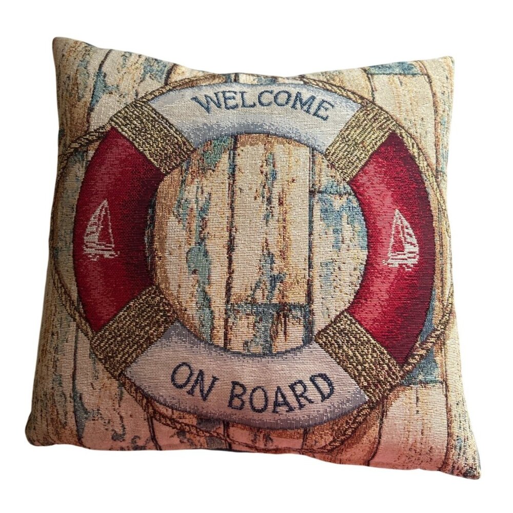 Nautical "Welcome On Board" Tapestry Throw Pillow 12x12 Made In England